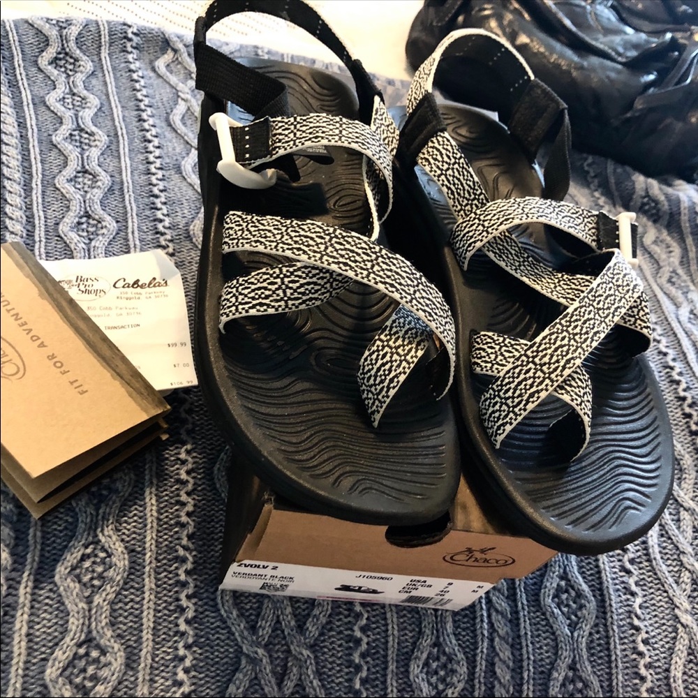 Chaco black & white (Verdant) adventure sandals.